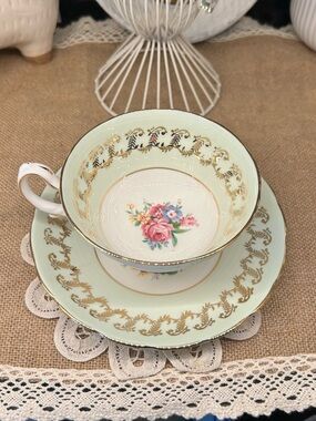 Vintage Grosvenor England Bone China Teacup & Saucer Mint Green & Gold Gilt